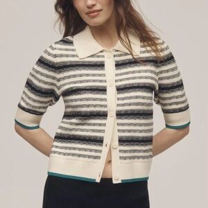 Maeve Anthropologie Kingsley Collared Crop Cream Stripe Cardigan Sweater small